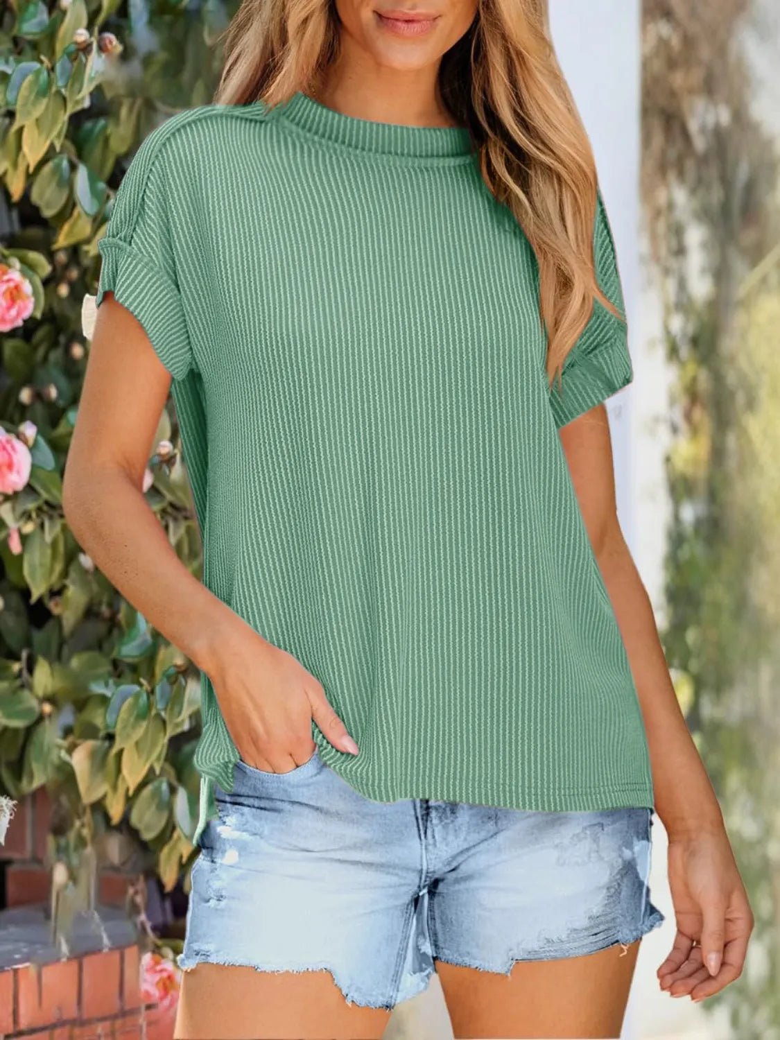 T-Shirt Casual Ribbed Knit Loose Fit Everyday Athleisure