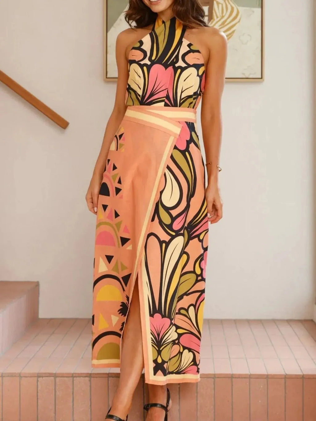 Two-Piece Outfit Set Summer Halter Neck Top & Midi Skirt