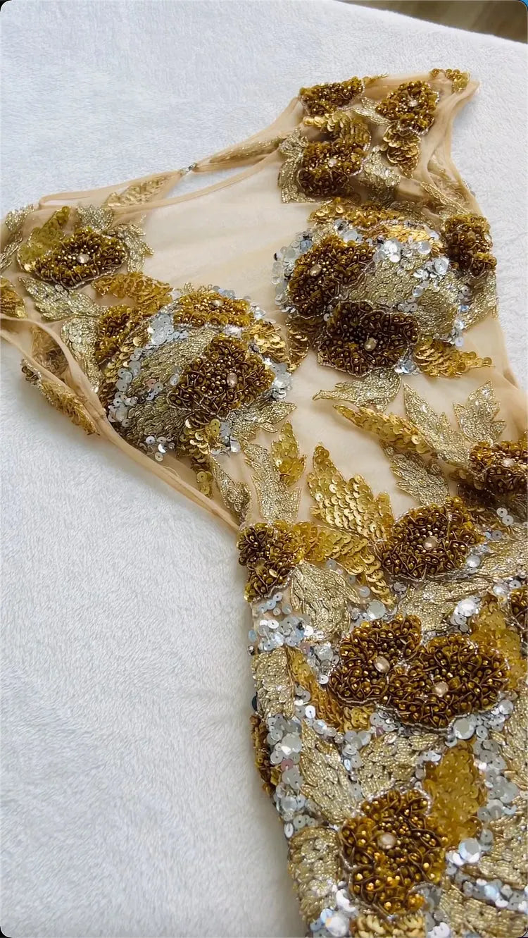 Champagne Gold Heavy Beaded Mermaid Gown, Luxurious Sequin D Floral Embellished Evening Dress