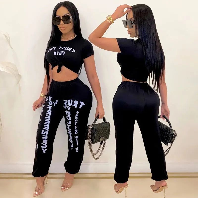S-XXL Women Letter Printing Casual Crop Top Harem Pants Two Piece Set