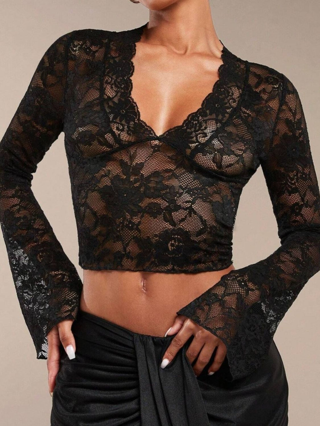 Sheer Lace Blouse Flare Sleeves Slightly Stretchy