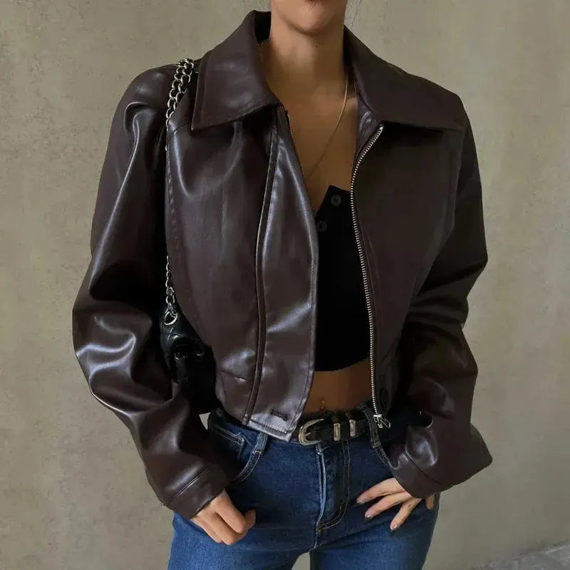 Women's Bold Short Faux Leather Biker Jacket with Asymmetrical Zipper