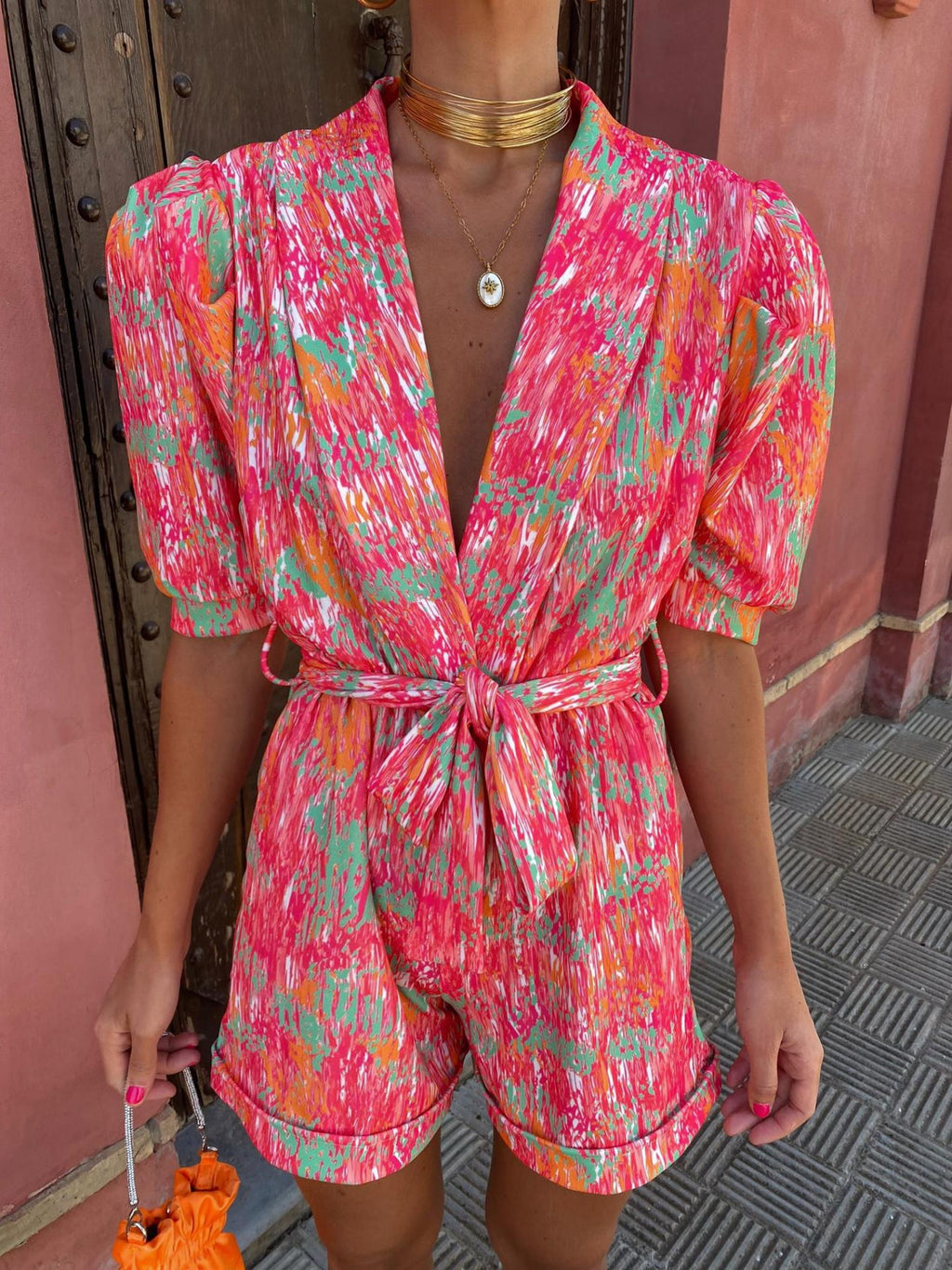Elegant Women's Playsuit with Print and Tie Belt