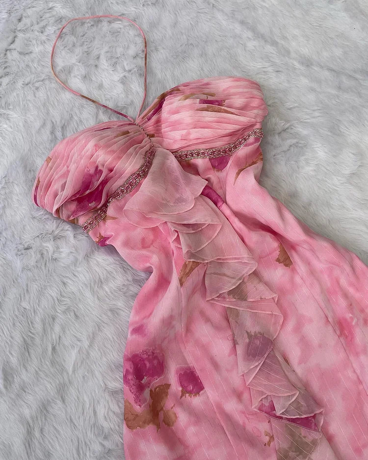 Pink Floral Gradient Halter Gown, Ruffled Rhinestone-Embellished Waist-Cinching Irregular Evening Dress