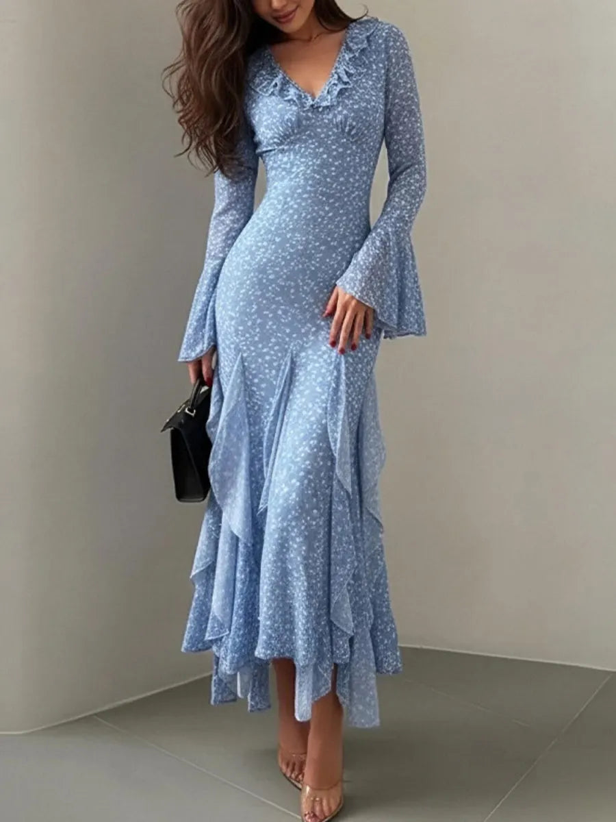 V-neck Ruffle Floral Print Irregular Hem Vacation Midi Dresses