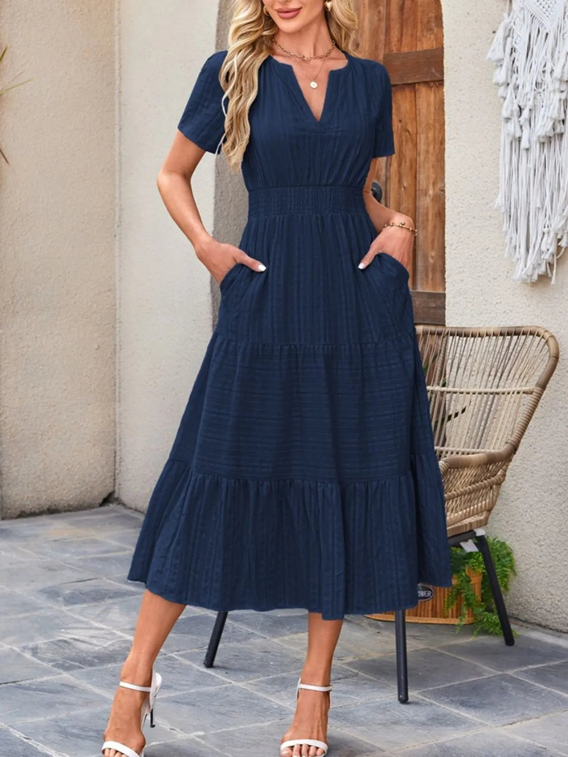 Midi Dress Chic Unlined Comfort Tiered Pocketed Casual