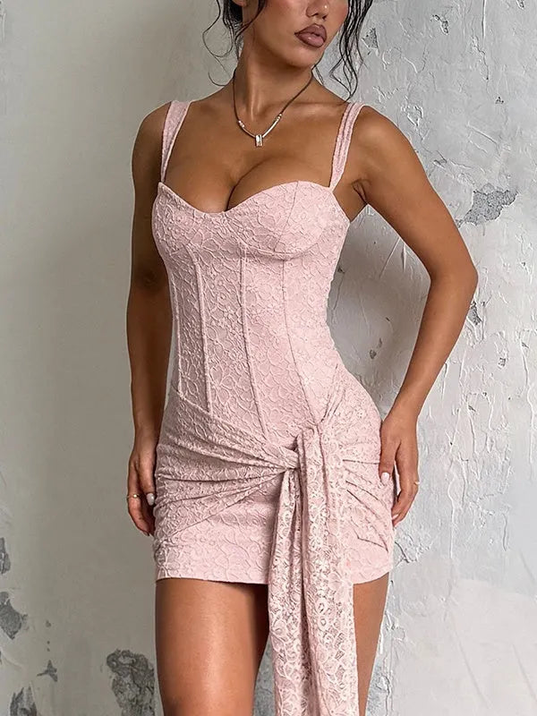 Fishbone Lace Ribbon Sexy Backless Suspender Short Dress