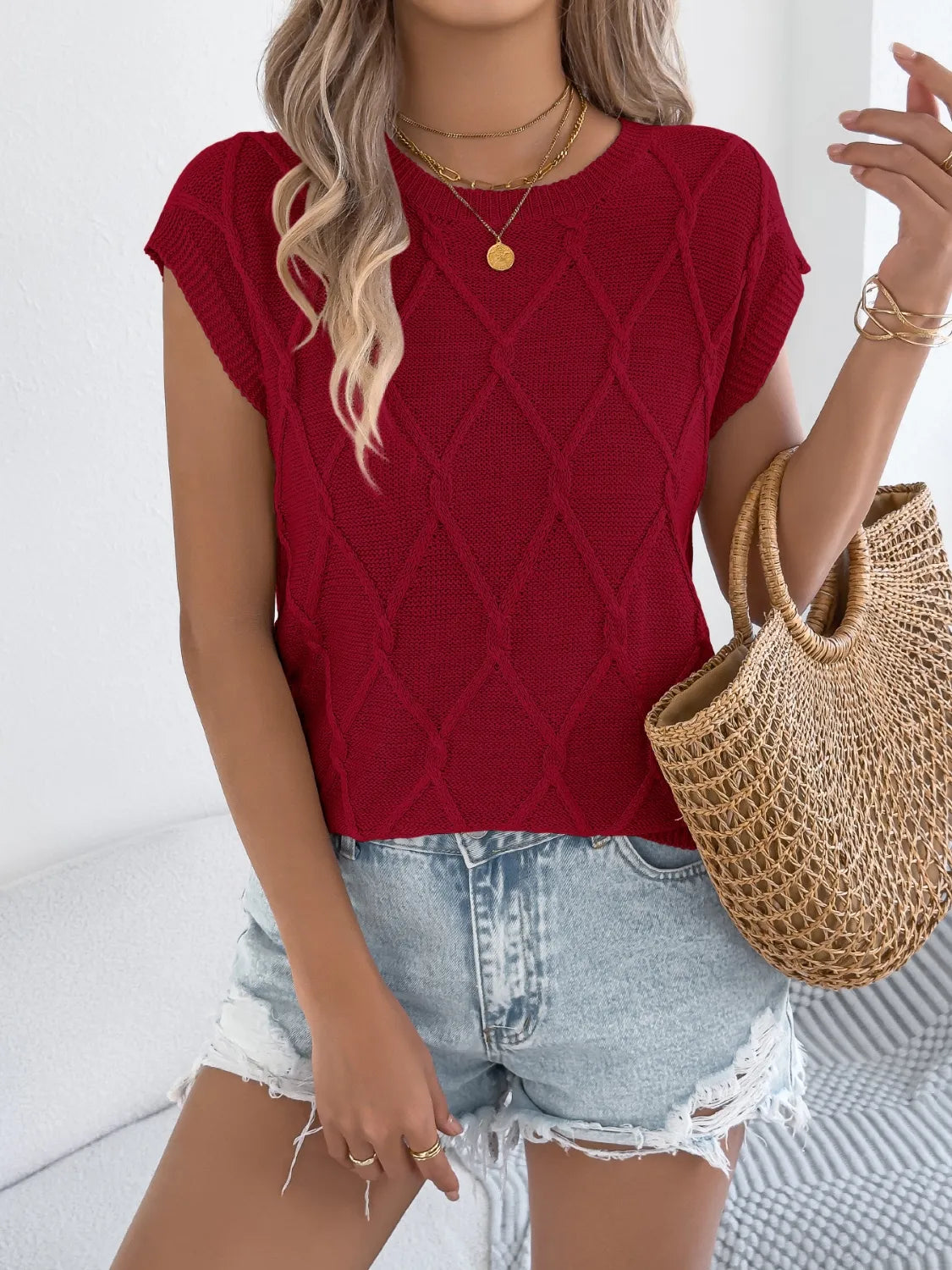 Top Cable Knit Cap Sleeve Sweater Vest Trendy Stretchy