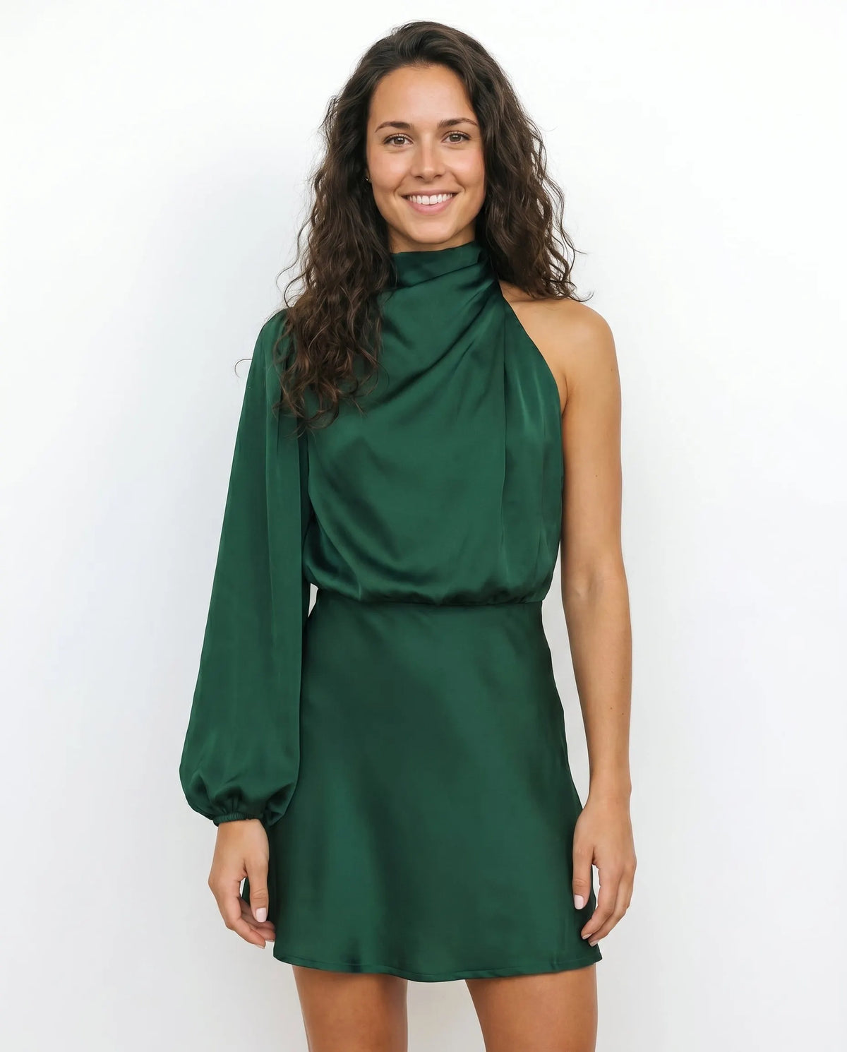 Women's Chic Satin One-Shoulder Dress with High Neck