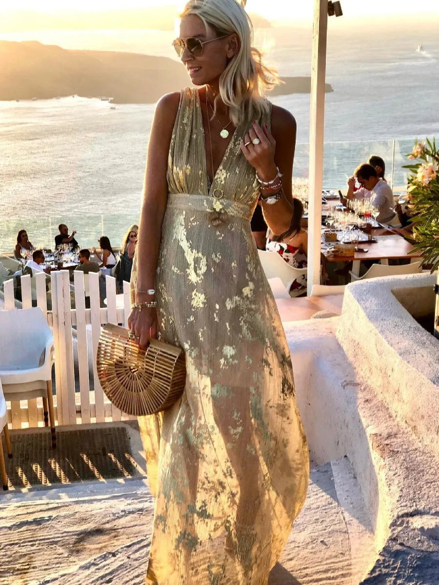 Printed Gathering Hot Stamping V-neck Sexy Maxi Dresses