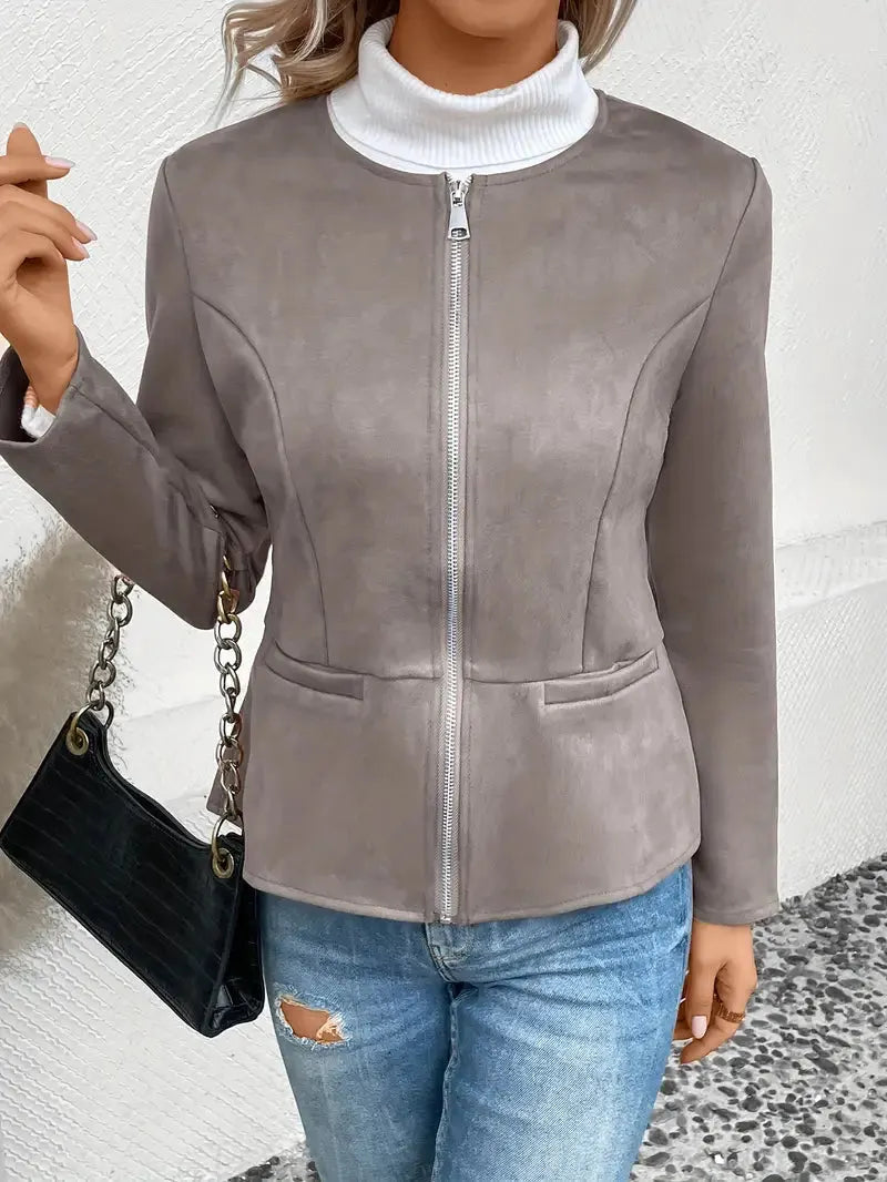 Women's Chic Suede-Look Jacket with Zipper and Pockets