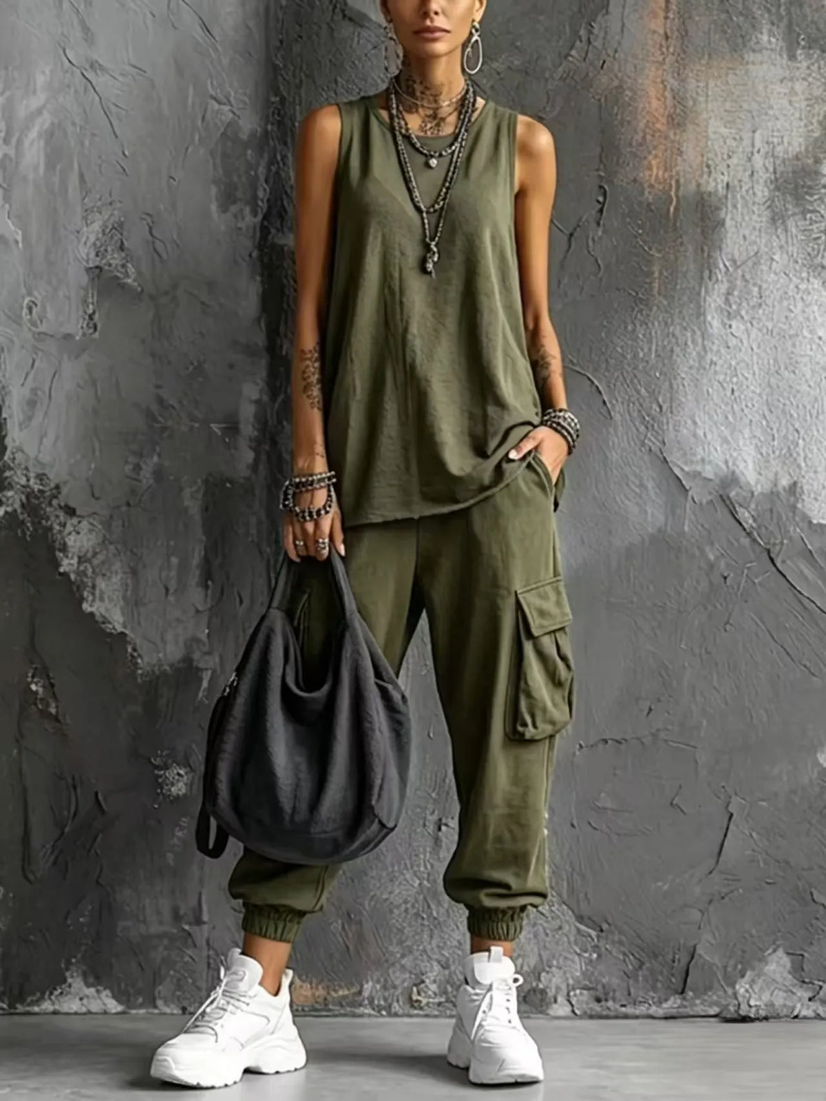 Dark Gray Vest And Jogger Cargo Pants Casual Suit