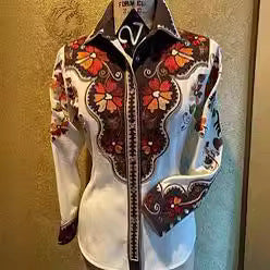Women Casual Western Geometric Pattern Printed Lapel Long-Sleeve Single Breasted Blouse
