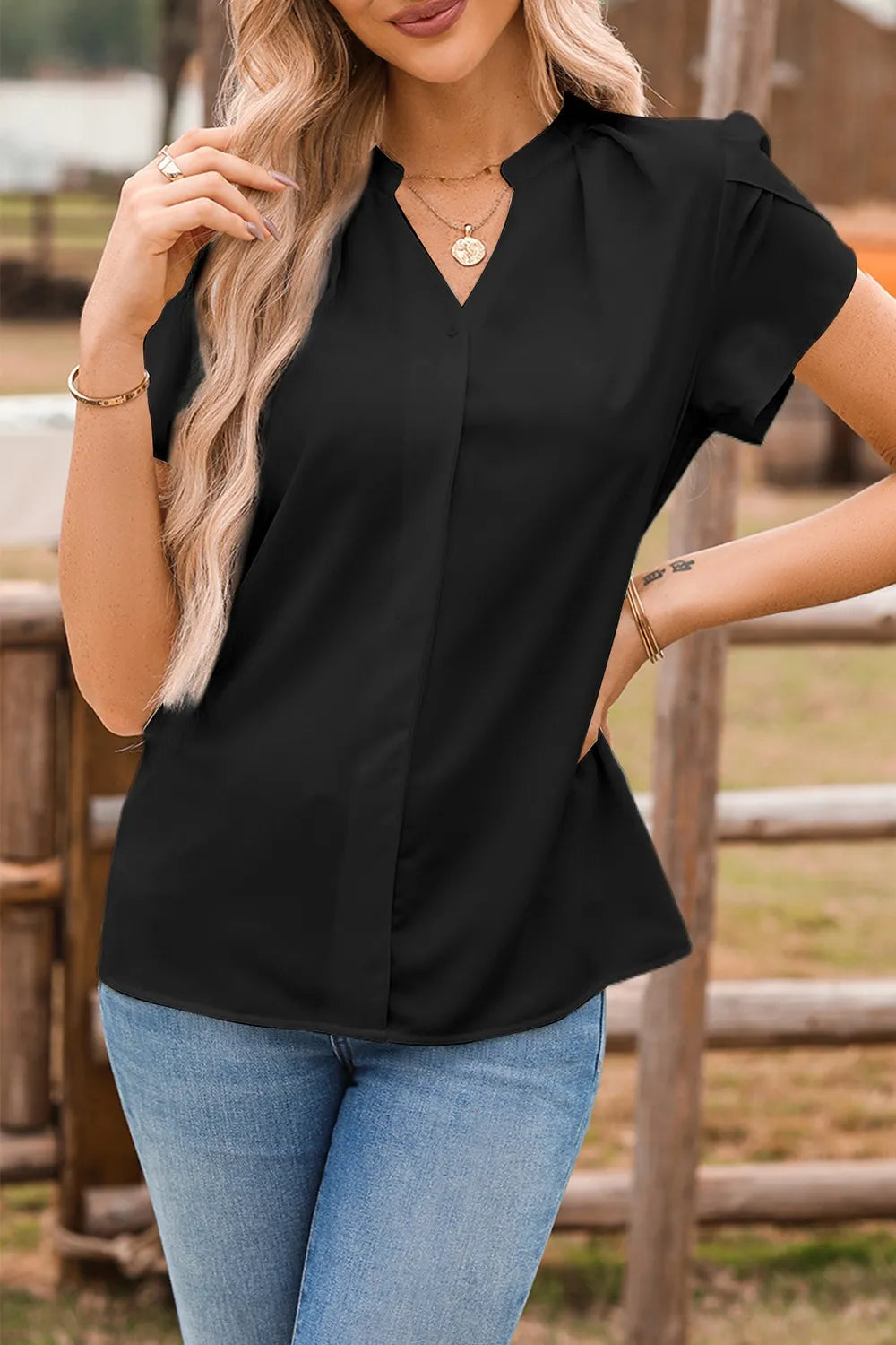 Notched Neck Short Sleeve Blouse – Casual Chic