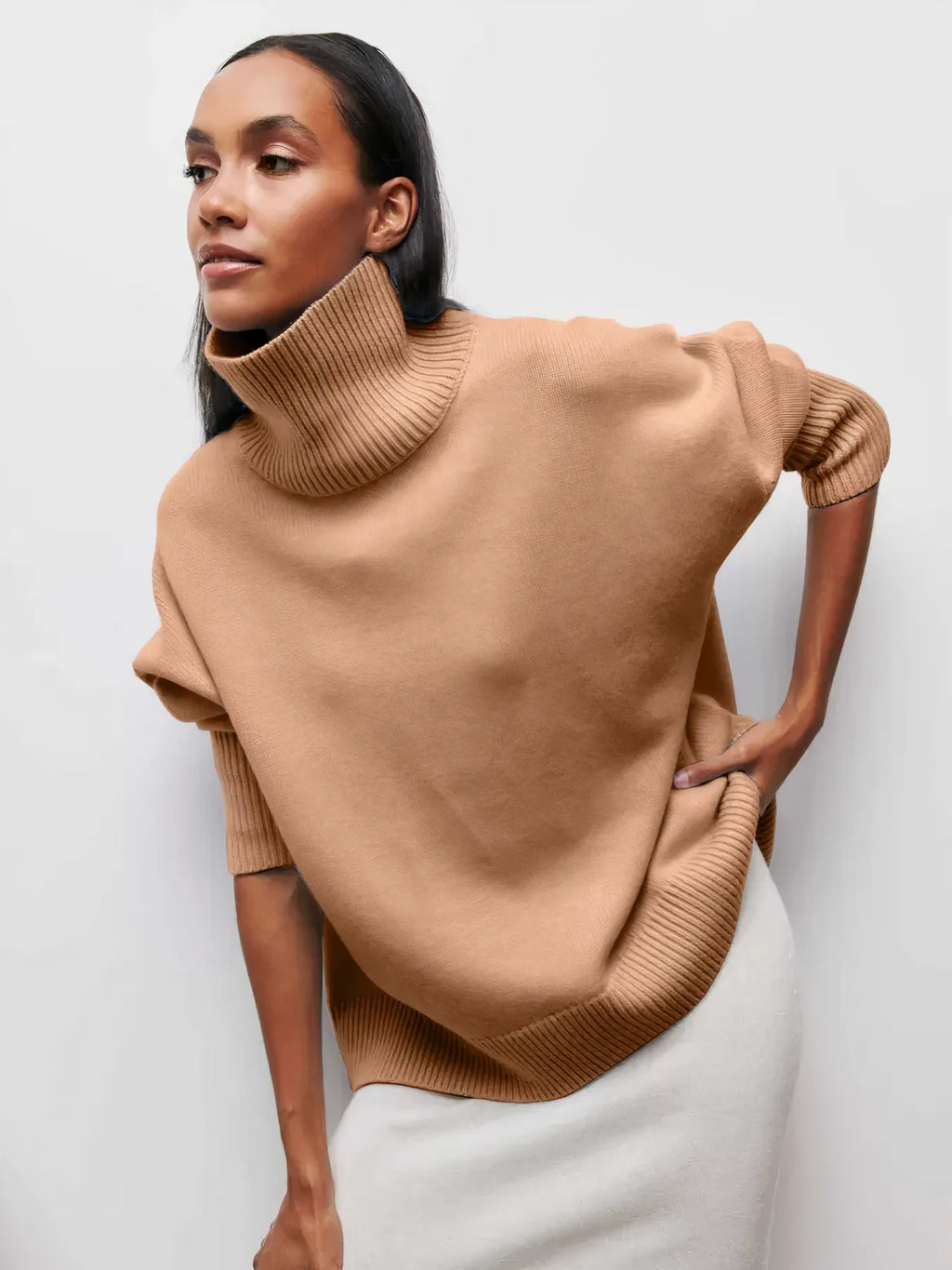 Women's Cozy Oversized Turtleneck Sweater with Wide Ribbed Collar