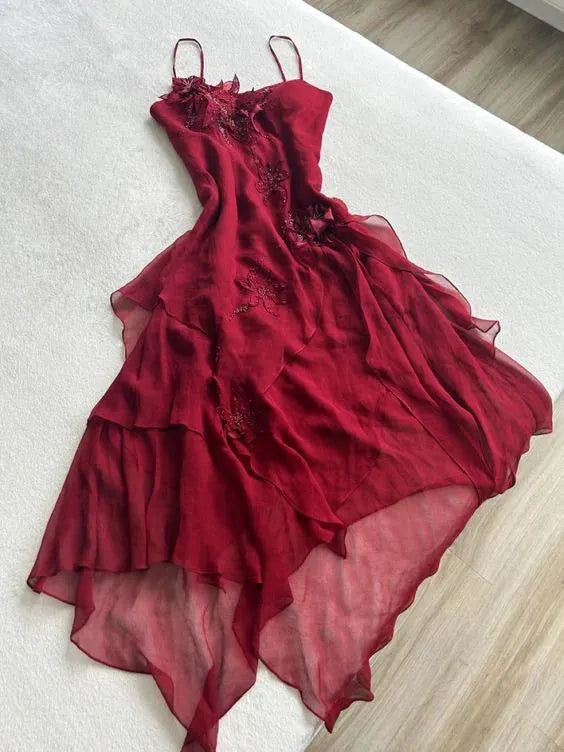 Burgundy red applique spaetti straps elegant and charming A-line long ruffled chiffon ball gown evening dress party dress
