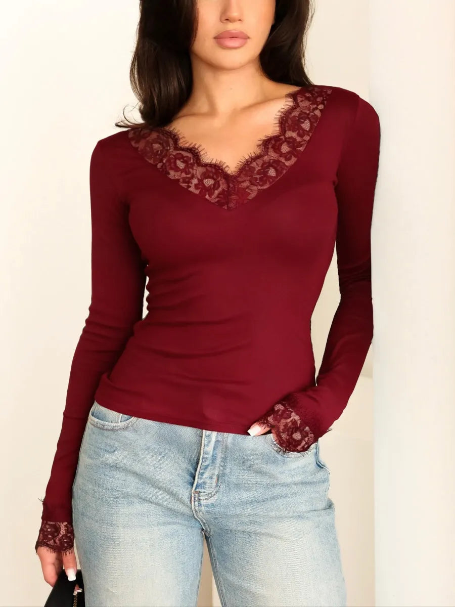 V-neck Lace Trim Waist T-shirts