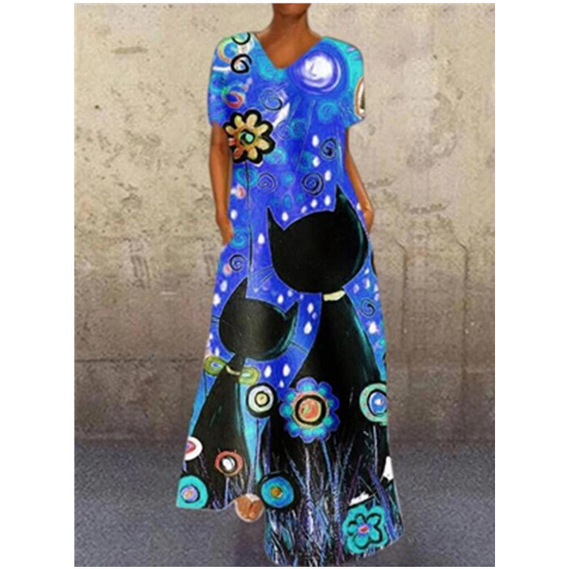 Women Casual Summer Vintage Short Sleeve Loose Character Print V Neck Dress