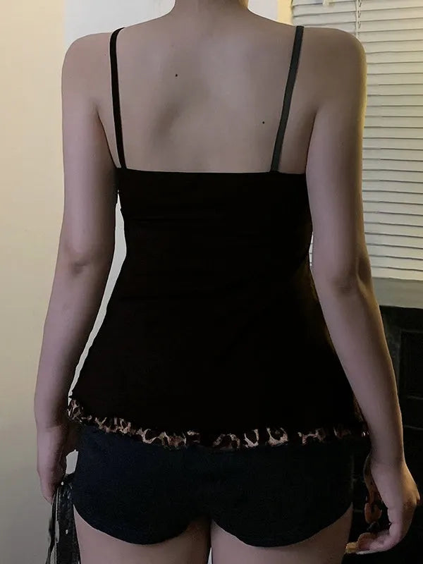 Black Leopard Print Color-blocked Mesh A-line Camisole