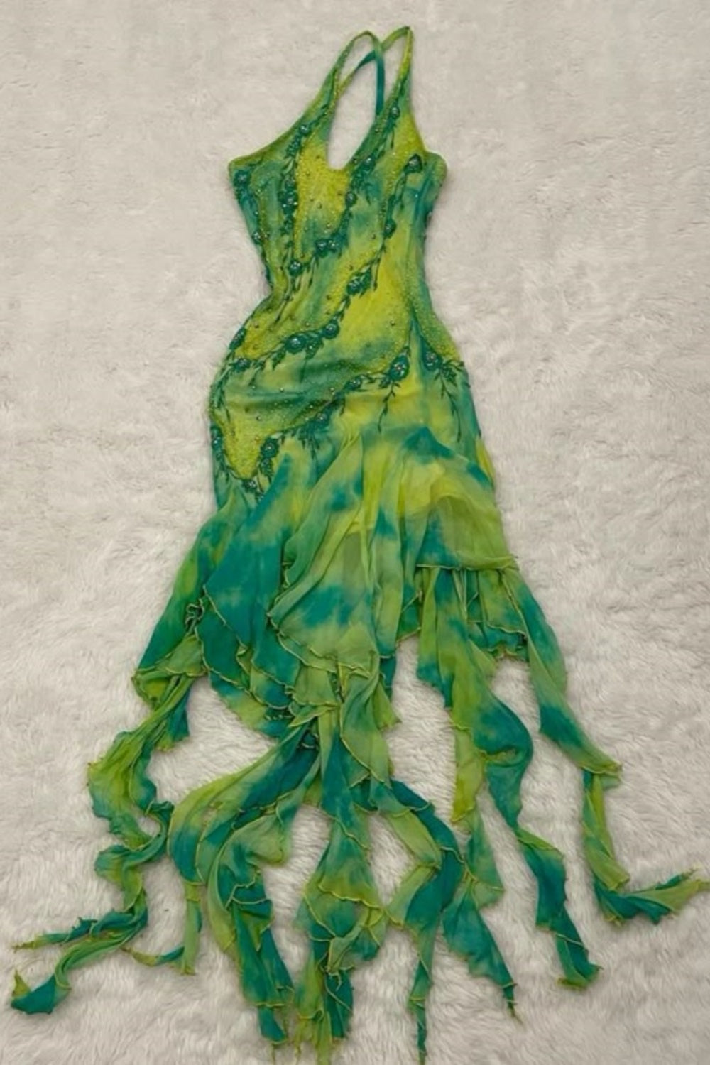 Green Beautiful Gradient Exquisite Floral Long Chiffon Birthday Dress Prom Dress Evening Dress