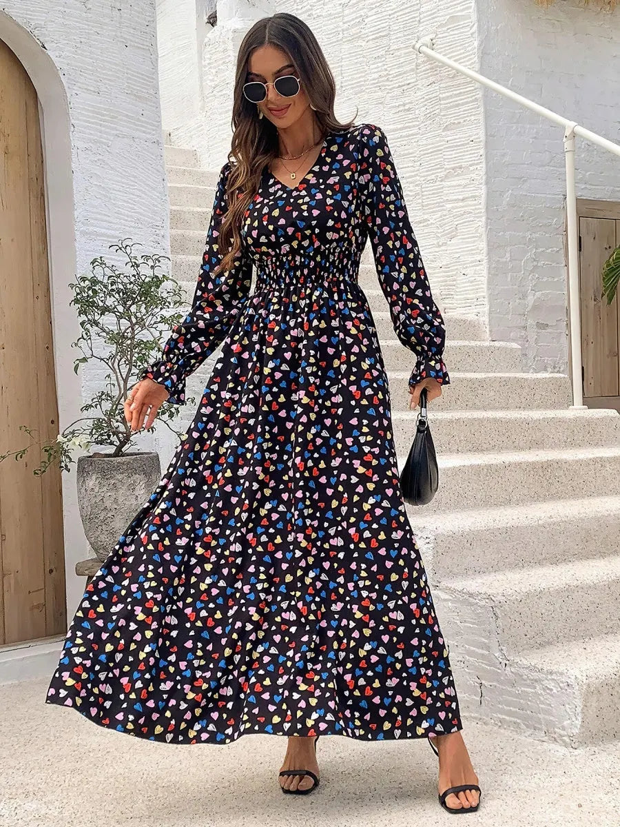 Floral Long Sleeve Square Collar Vacation And Leisure Maxi Dresses