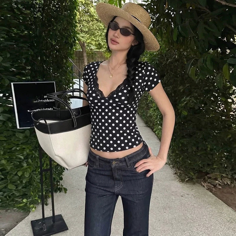Kirra Polka Dot Lace Trim Top