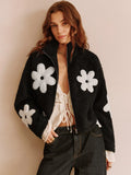 Teddy Jacket with Floral Print and Zipper Closure for Women