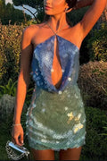 Halter Cut Out Open Back Sequin Mini Dress