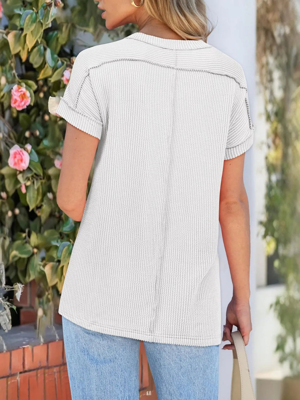 T-Shirt Casual Ribbed Knit Loose Fit Everyday Athleisure