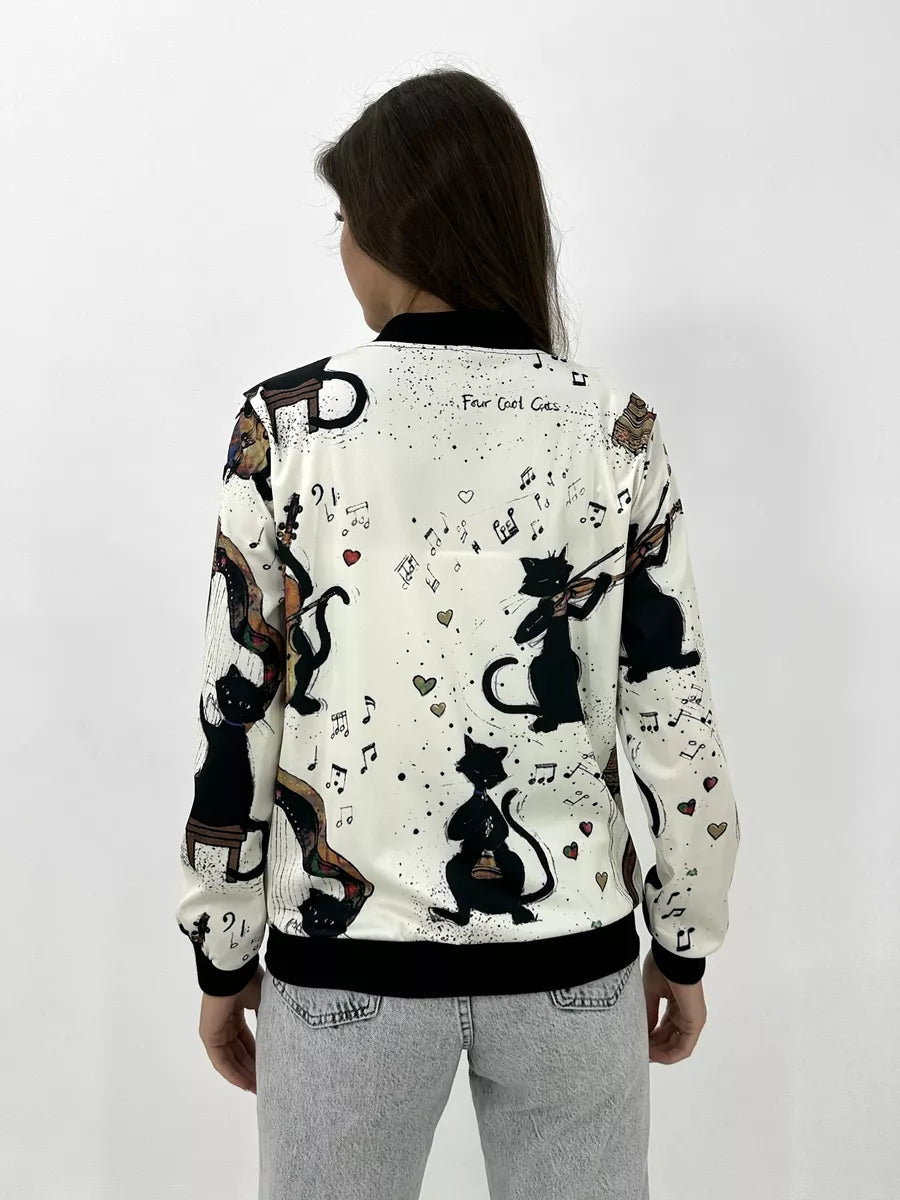 Women's Lightweight Bomber Jacket with Zipper and Graphic Print