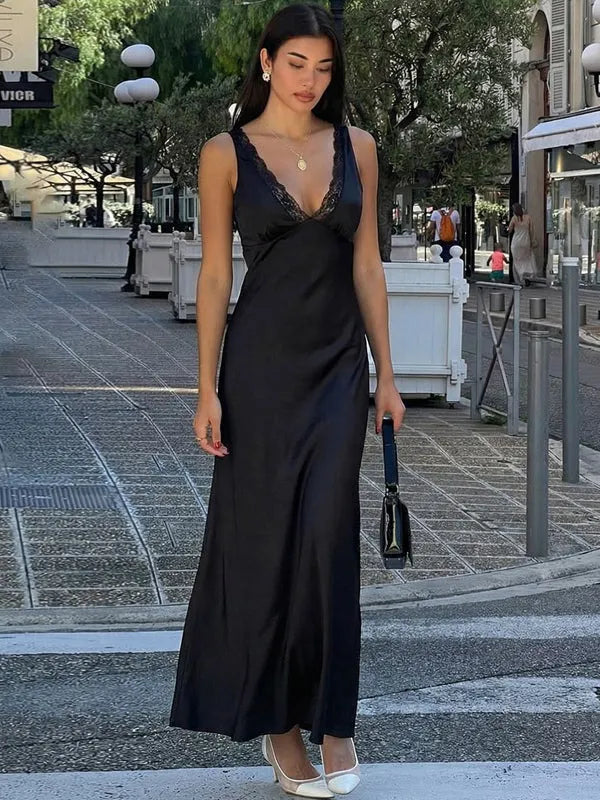 Black V Neck Lace Trim Slip Maxi Dress For Women 2026