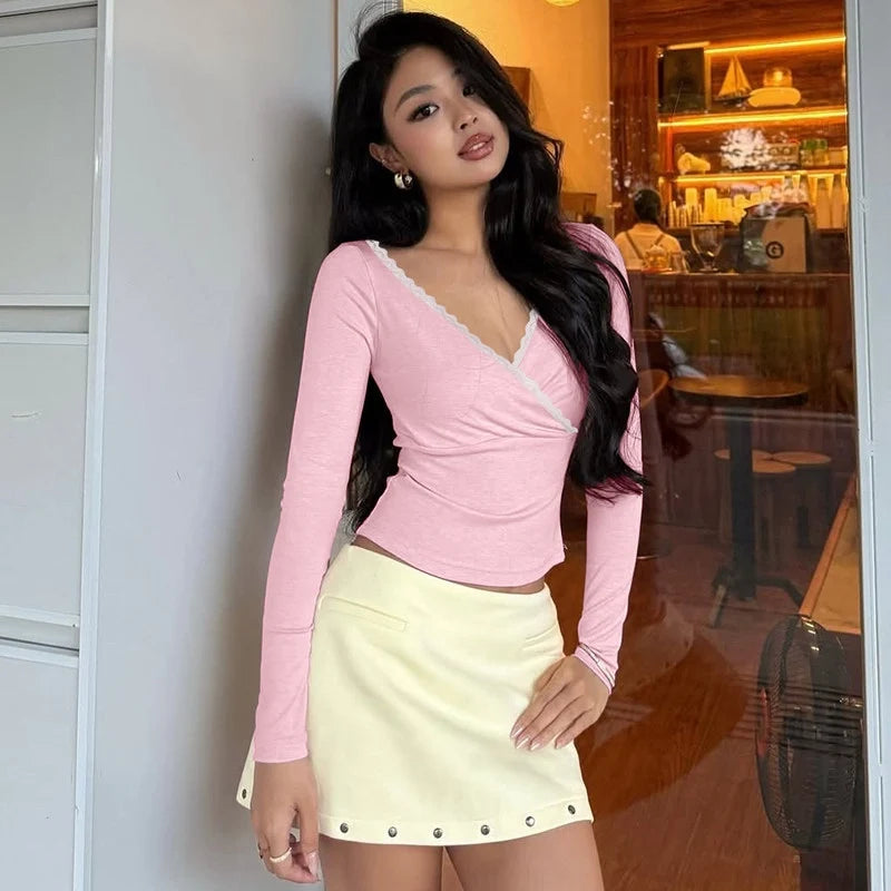 Lace Trim V-Neck Long Sleeve Top