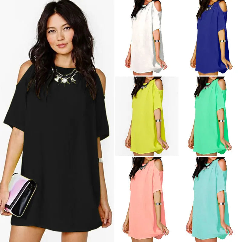 Women Casual Sweet Cool-Shoulder Solid Color Chiffon Loose Dress