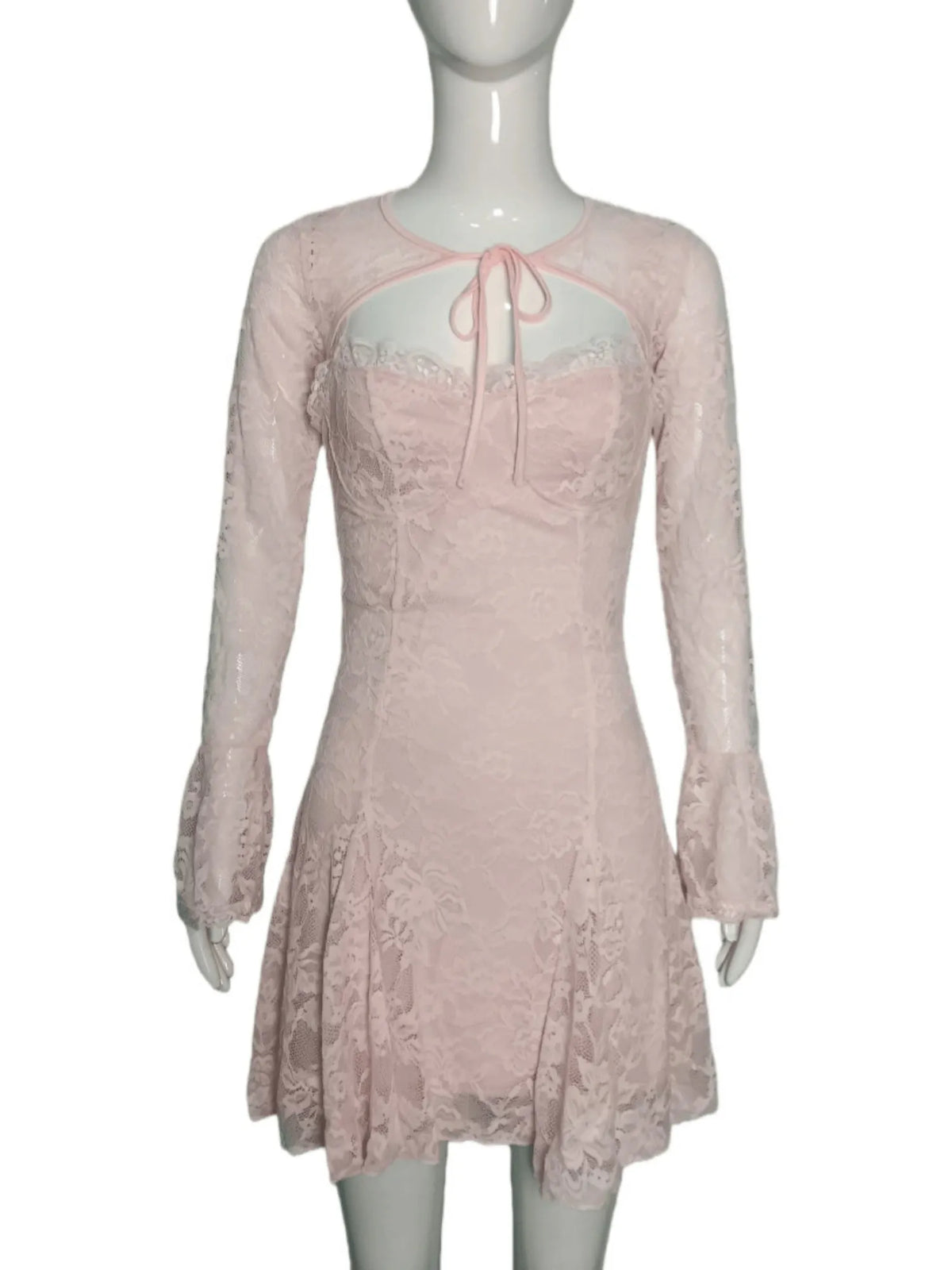 Lace Patchwork Hollow Out Straps Flared Long Sleeves Mini&Short Dresses