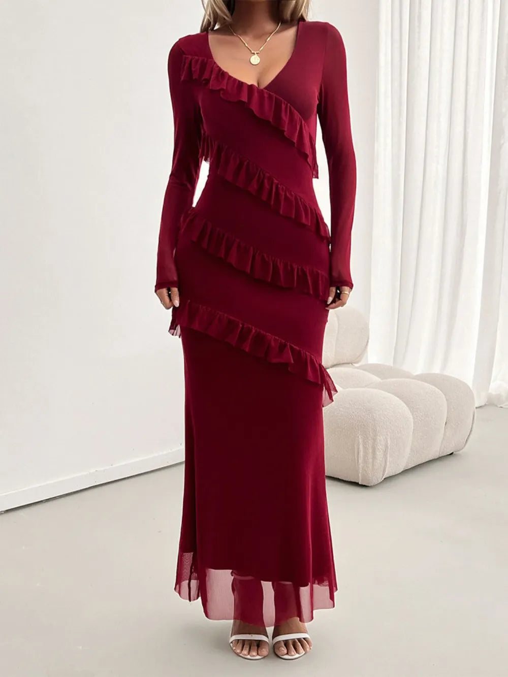 Ruffle Maxi Dress Elegant Party Long Sleeve Surplice Neck