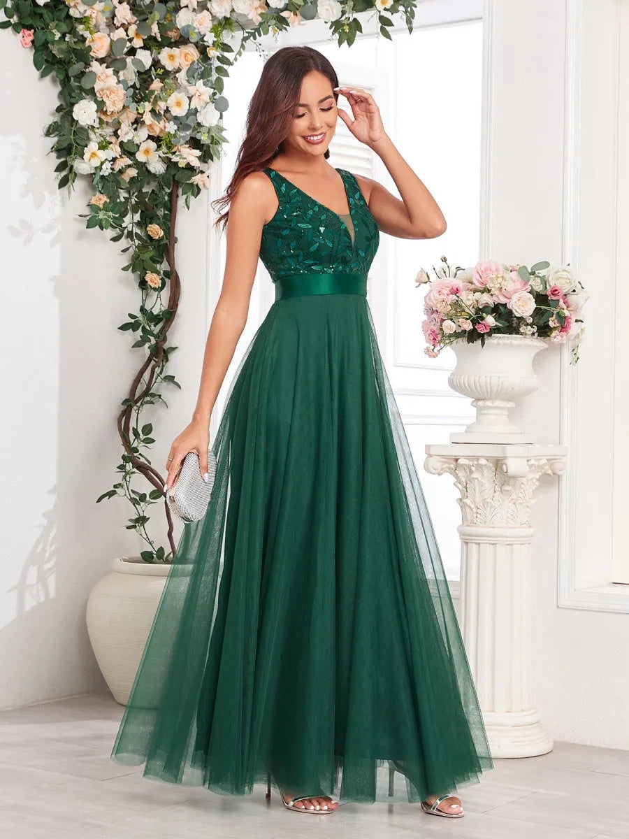 V-neck Embroidery Sequins Elegant Gauze Formal Dress Maxi Dresses