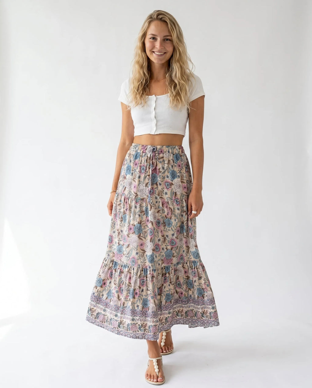 Women's Boho Maxi Skirt with Floral Print and Elastic Waist