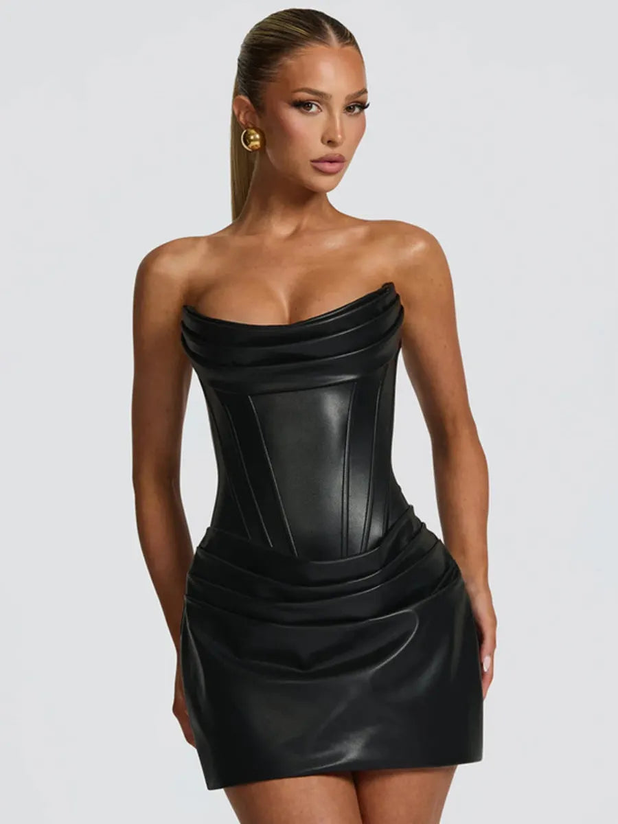 PU Pleated Fishbone Strapless A-line Bustier Mini&Short Dresses