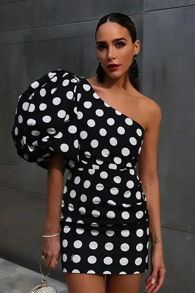 Dot Printed Mini Dress with Single Shoulder