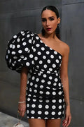 Dot Printed Mini Dress with Single Shoulder