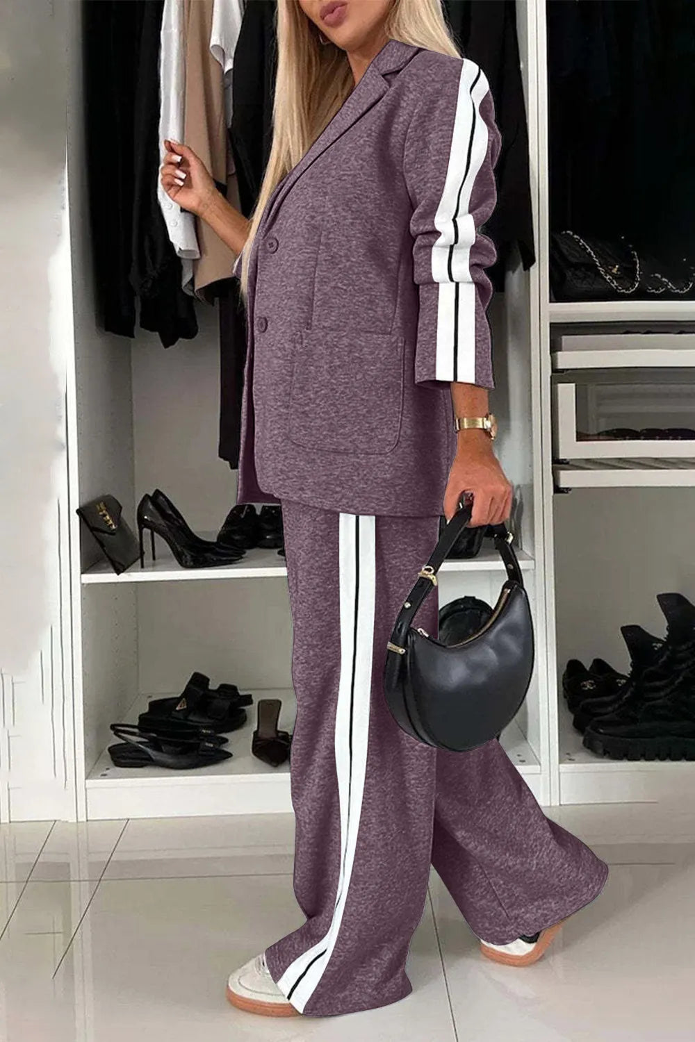 Two-Piece Outfit Set Plus-Size Lapel Top and Comfort Pants
