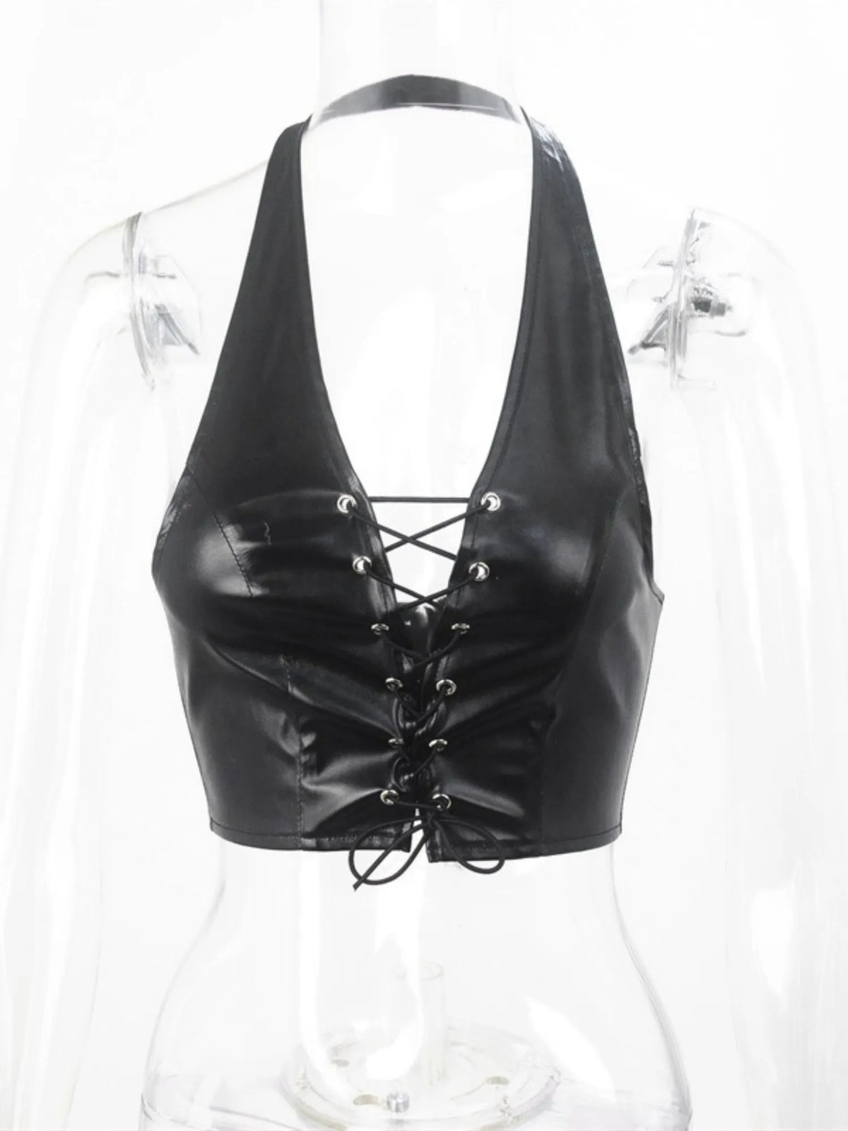 PU Leather Straps Halter Neck And Backless Tank Tops