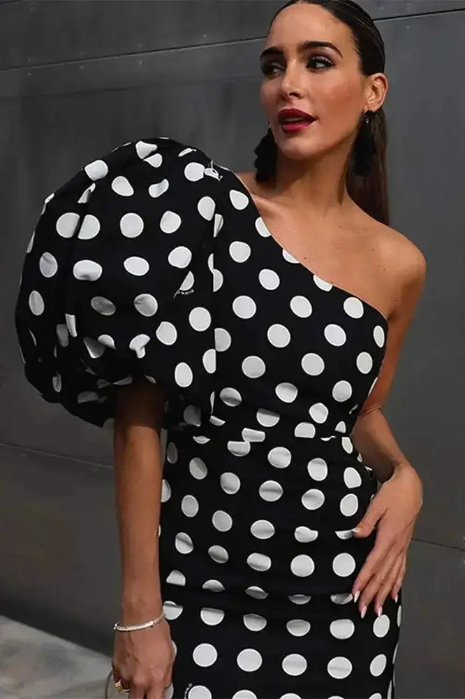 Dot Printed Mini Dress with Single Shoulder