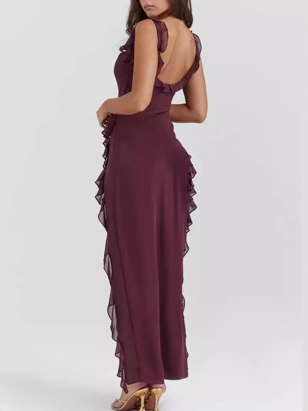 Maxi Dress Ruffled Square Neck Side Slit Elegant Party