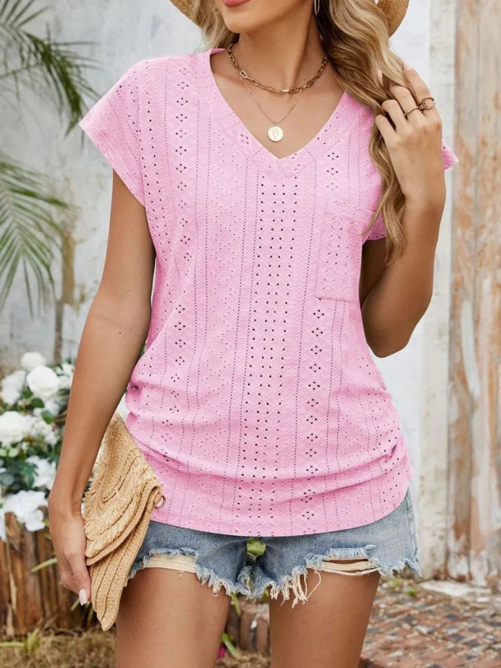 Blouse Top Casual Comfy Slight Stretch Eyelet Boho Chic