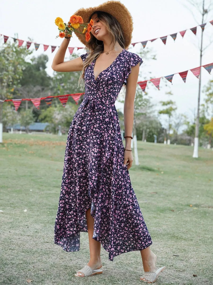 Wrap-up V-neck Bandage Asymmetrical Skirt Vacation And Leisure Maxi Dresses