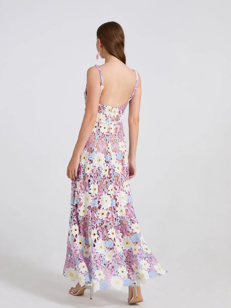 Lace Embroidery Spaghetti Strap Long Dress