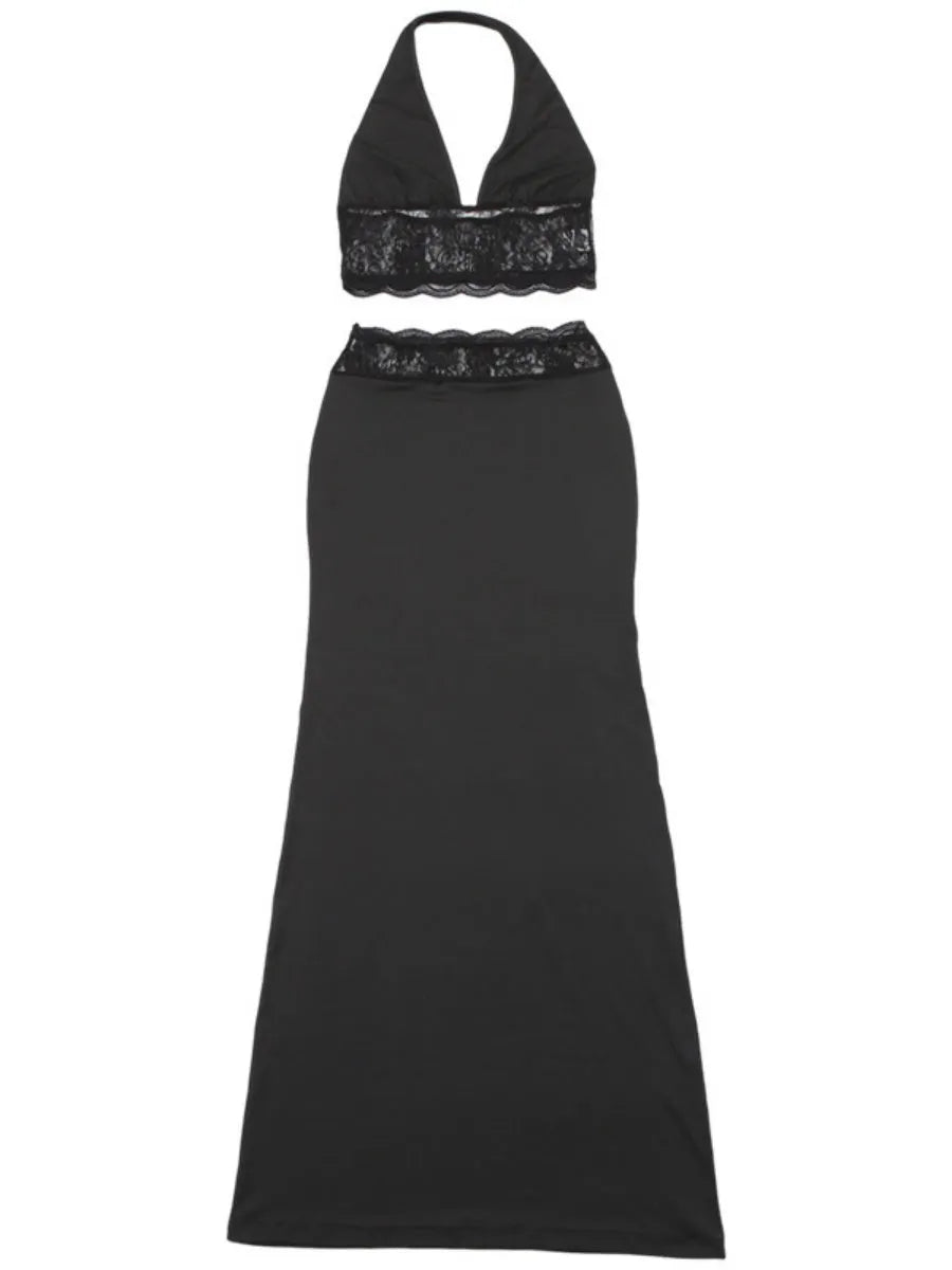 Neckband Navel Tank Tops Lace Bodycon Dress 2-piece Sets