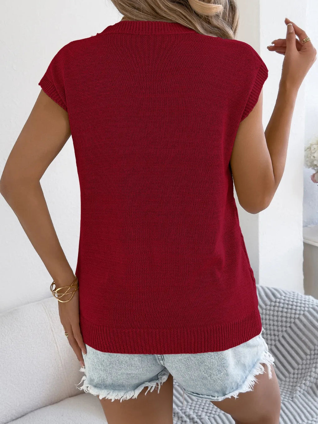 Top Cable Knit Cap Sleeve Sweater Vest Trendy Stretchy