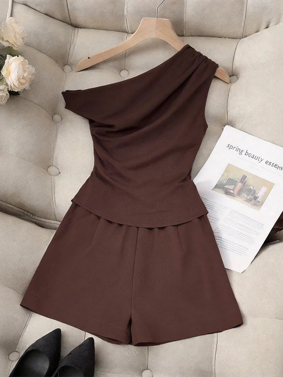 Brown Asymmetrical Off-shoulder Pleated Sleeveless Top And Shorts Two-piece Set